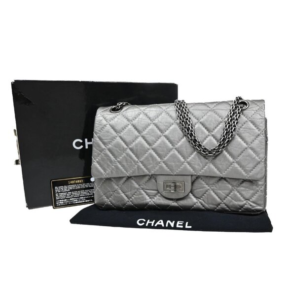 CHANEL Logo 2.55 Double Flap Chain Shoulder Bag Leather Silver SHW 385RL231 - Picture 1 of 16
